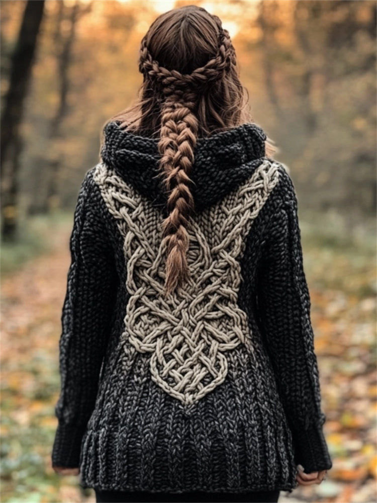 Vintage Mystical Celtic Knot Cozy Chunky Hooded Cardigan