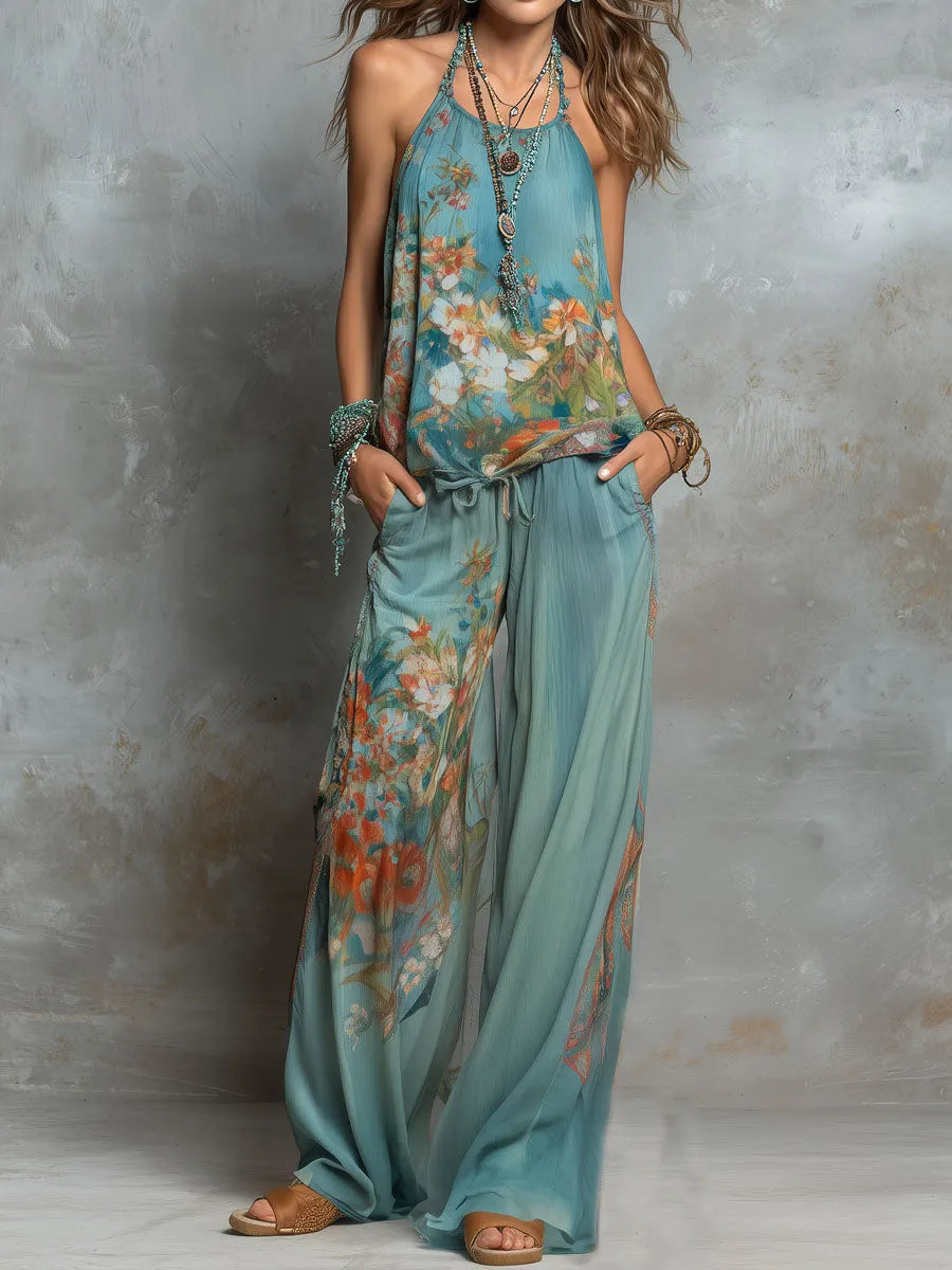 Boho Ocean Bloom Floral Halter Wide-Leg Chiffon Jumpsuit