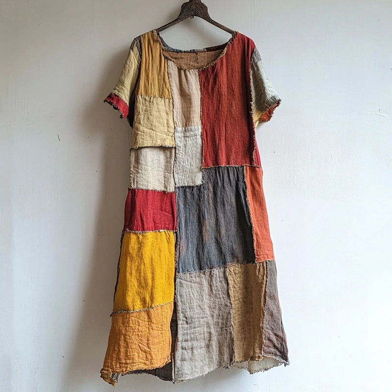 Vintage Patchwork Art Linen Blend Midi Dress d7b0