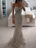 Shiny Sequinned flower mesh splicing Sleeveless tube Evening mermaid Maxi Dresses