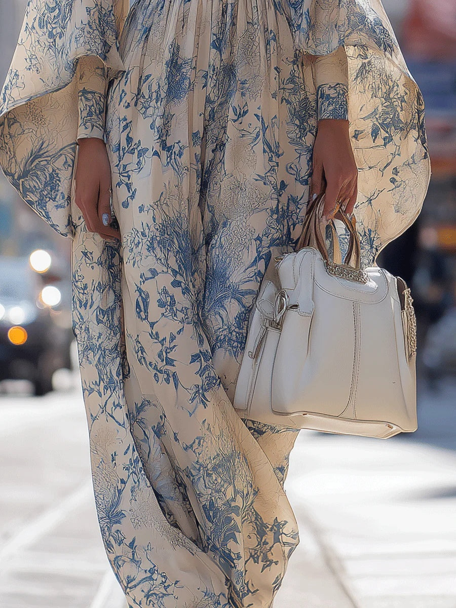 Elegant Blue And White Printed Trumpet Sleeve Maxi Dress