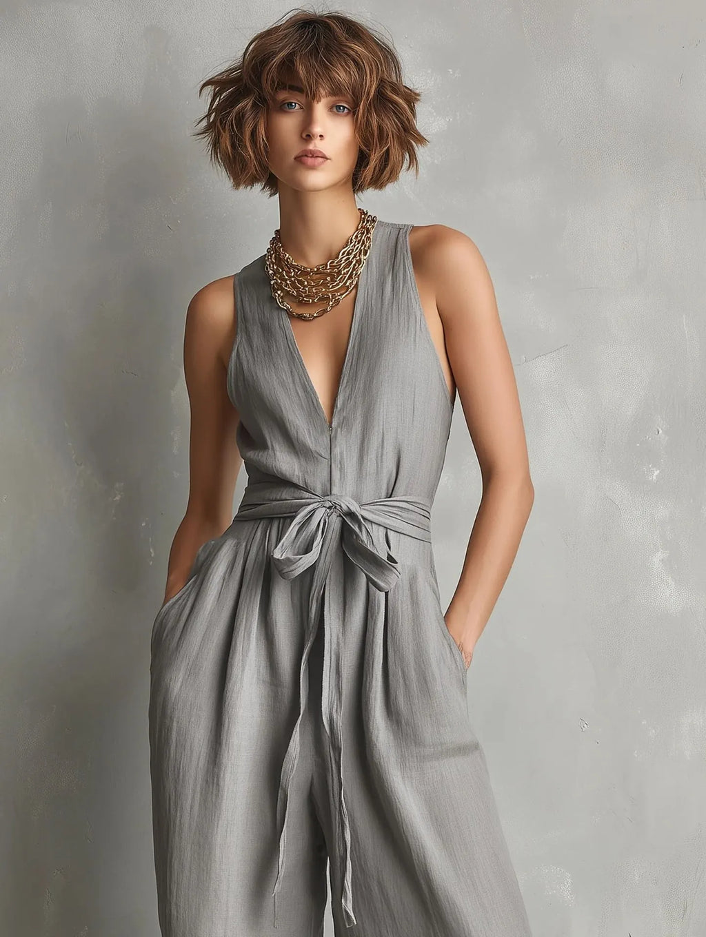 Momocco Elegant Waist-Knot Jumpsuit - Sleeveless Wide-Leg One-Piece Quiet Luxury Set