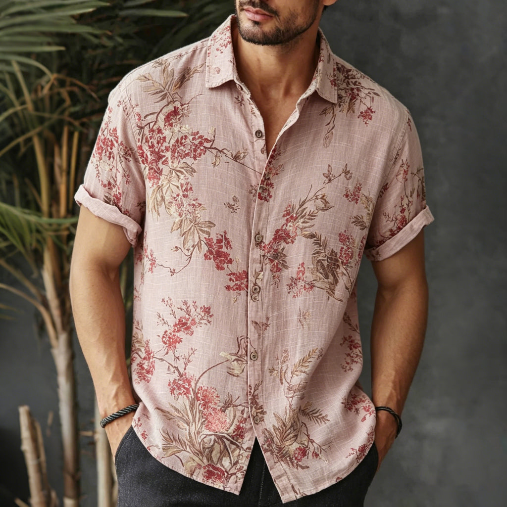 Men's Retro Floral Print Casual Linen Blend Short-sleeve Shirt