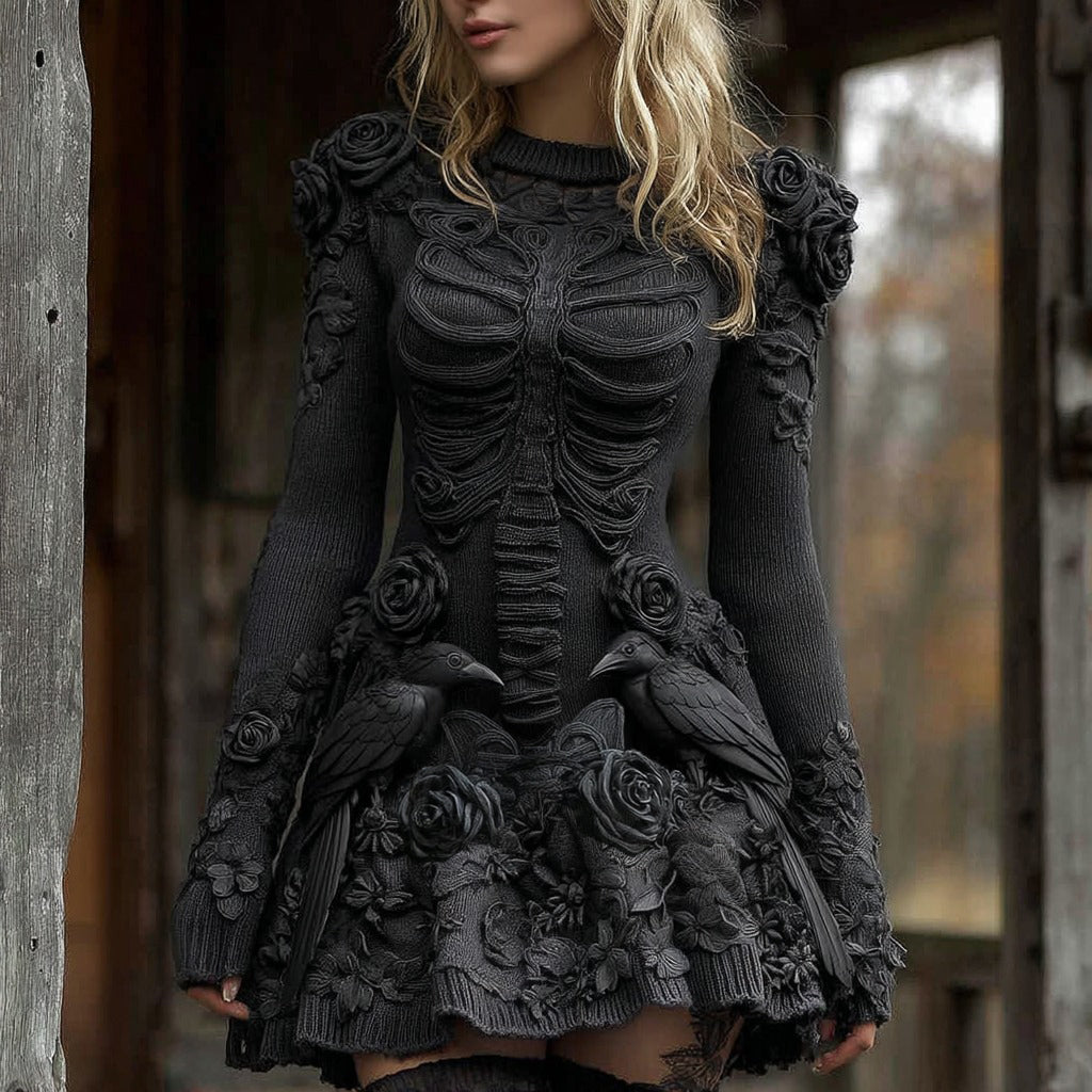 Women's Halloween Skeleton With Rose And Raven Art Knit Mini Sweater Dress