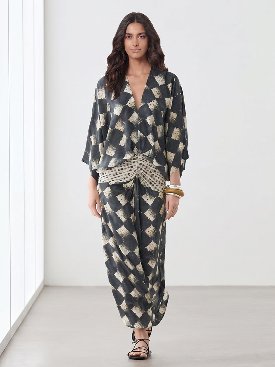Casual Abstract Plaid Print Kimono Sleeve Maxi Dress