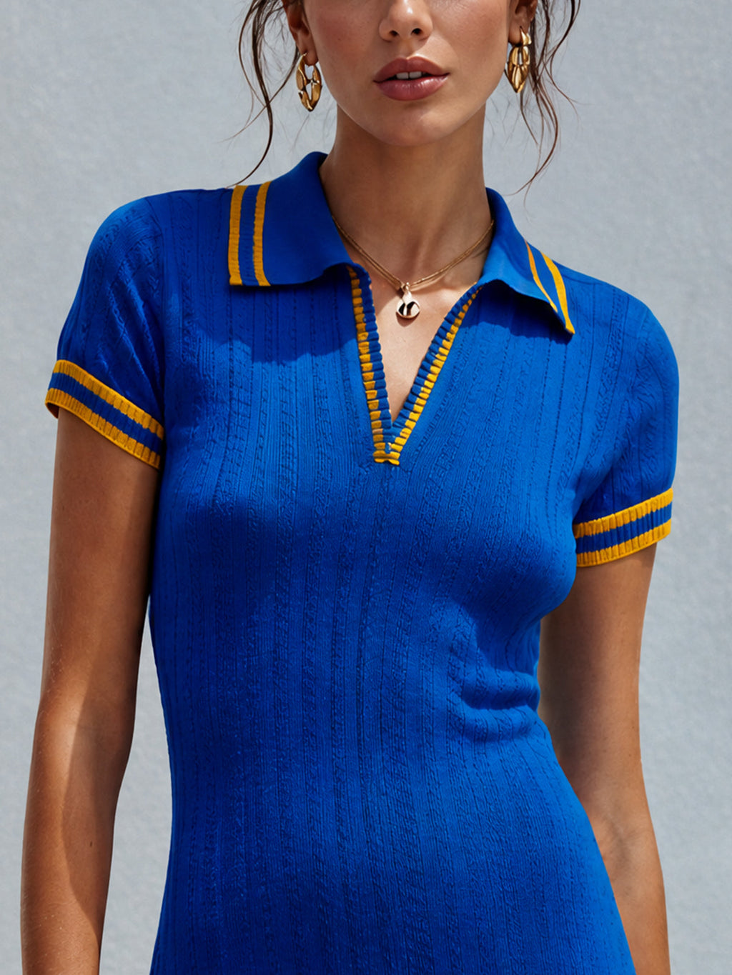 Blue Ribbed Knit Polo Mini Dress With Mustard Contrast Trim