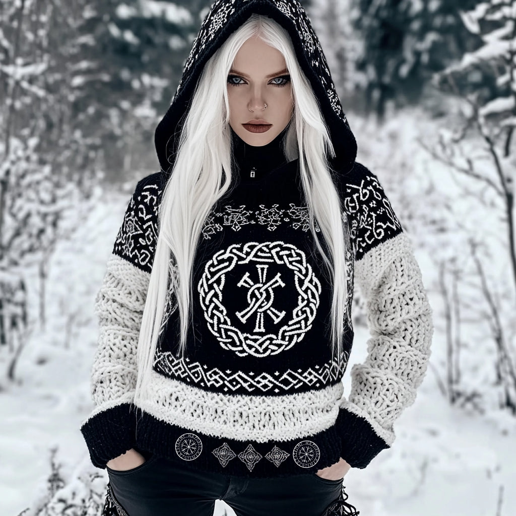 Viking Tribal Celtic Cable Knit Hooded Sweater