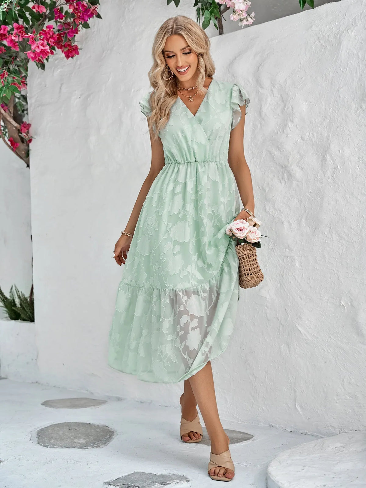 Rebecca V-Neck A-Line Dress:   Floral Flutter Sleeve Surplice Midi