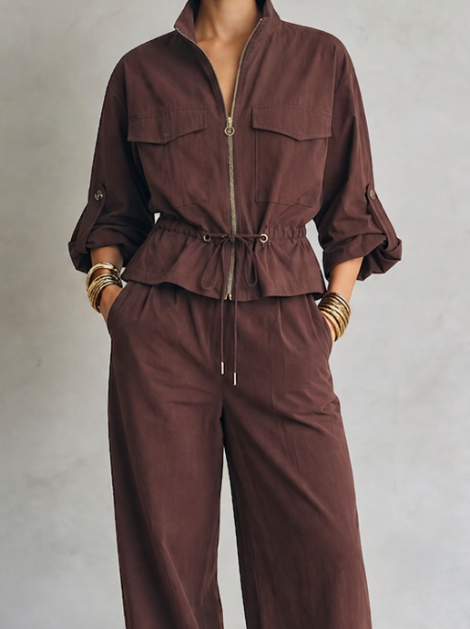 Women's Modern Chocolate Brown Utility Zip-Front Drawstring Jacket And Wide-Leg Pants Two-Piece Set MDZ1781G6ZSQ