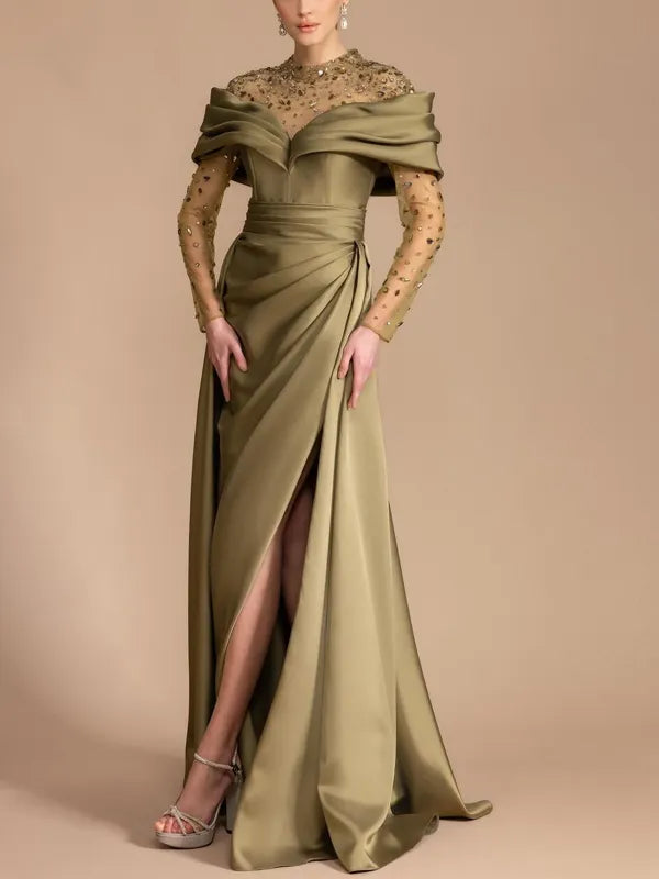 Round Neck Lace Long Sleeve Solid Color Maxi Dress