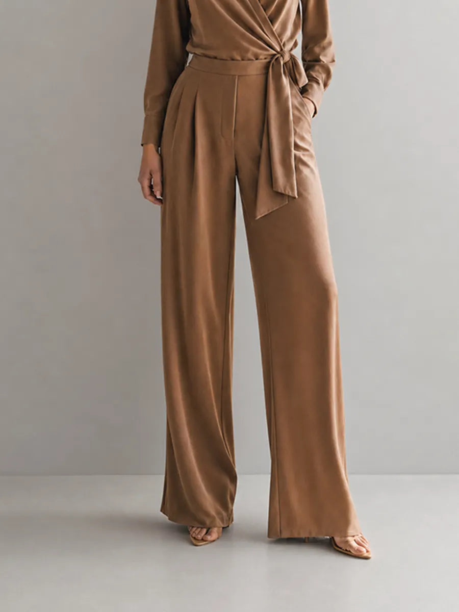 Caramel Wrap Tie Long Sleeve Shirt & Wide Leg Pants Two-Piece Set MDZ1754G3CMX