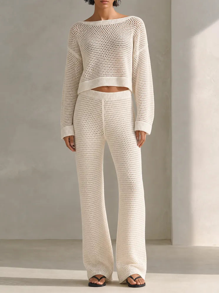 Women's Coastal Ivory Open-Knit Crochet Boat Neck Long Sleeve Cropped Sweater And Wide-Leg Pants Two-Piece Set MDZ1626G8ZSQ