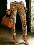 Women's Vintage Leopard Leaf Print Casual High-waisted Ripped Skinny Jeans