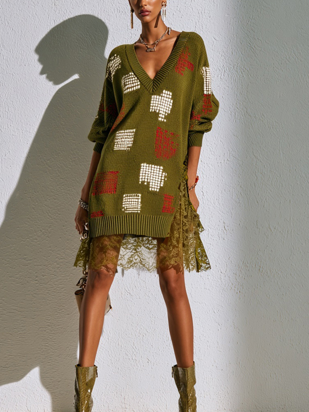 Olive Patchwork Lace Hem Oversized Knit Mini Dress