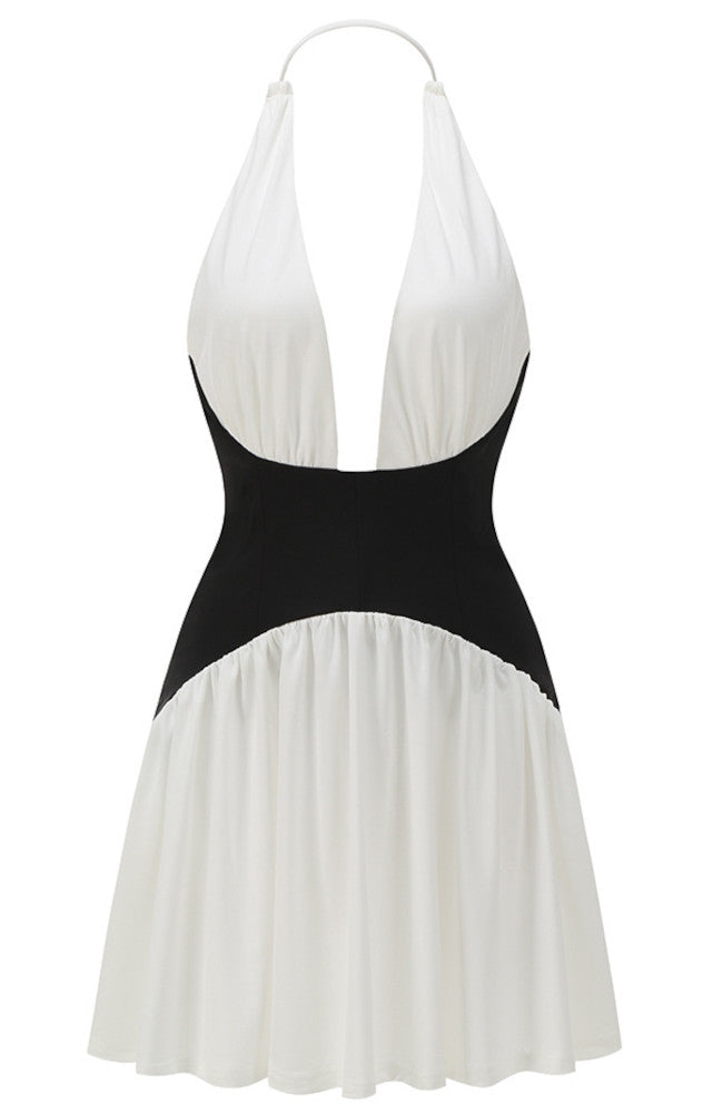 Halter Structured A Line Dress Black White