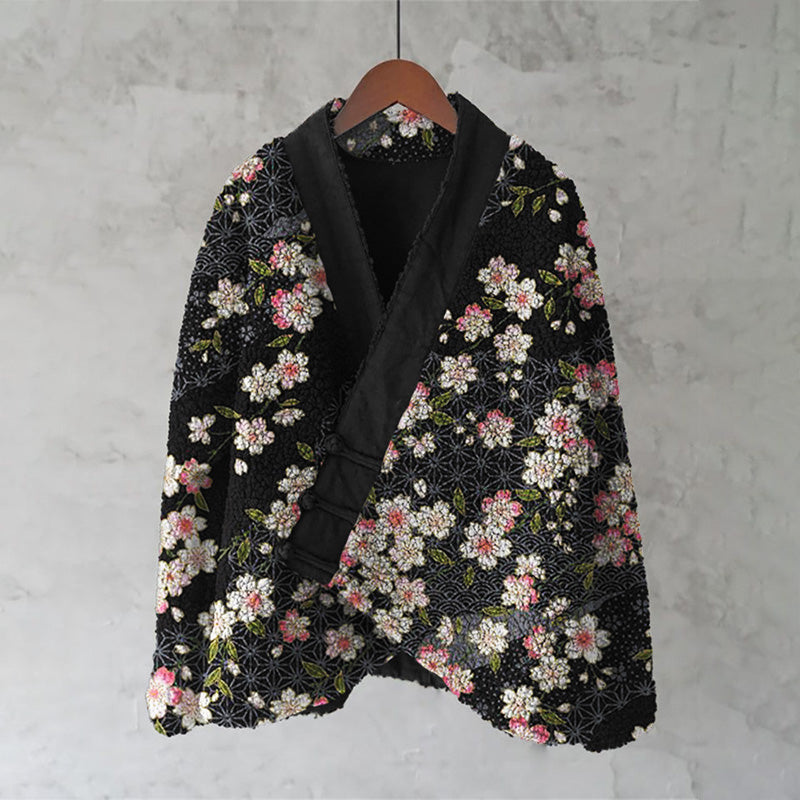 Cherry Blossom Japanese Pattern Cozy Fleece Kimono Cardigan