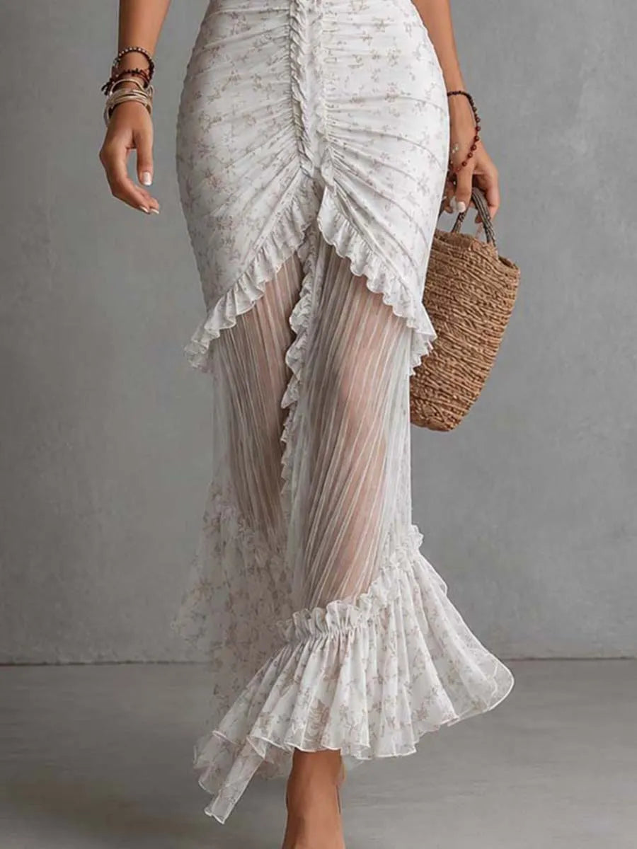 Vintage Elegant Floral Chiffon Ruched Sweetheart Neck Mermaid Maxi Dress