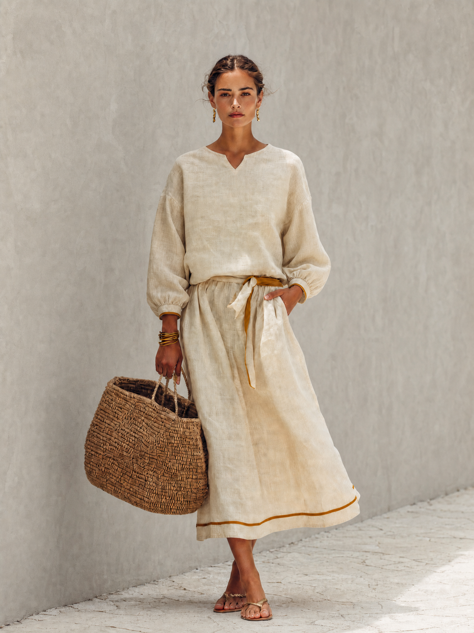 Women's Resort-Style Beige Split Round-Neck Bishop-Sleeve Belted Linen Top & Maxi Skirt Set MDZ1052G1CMX
