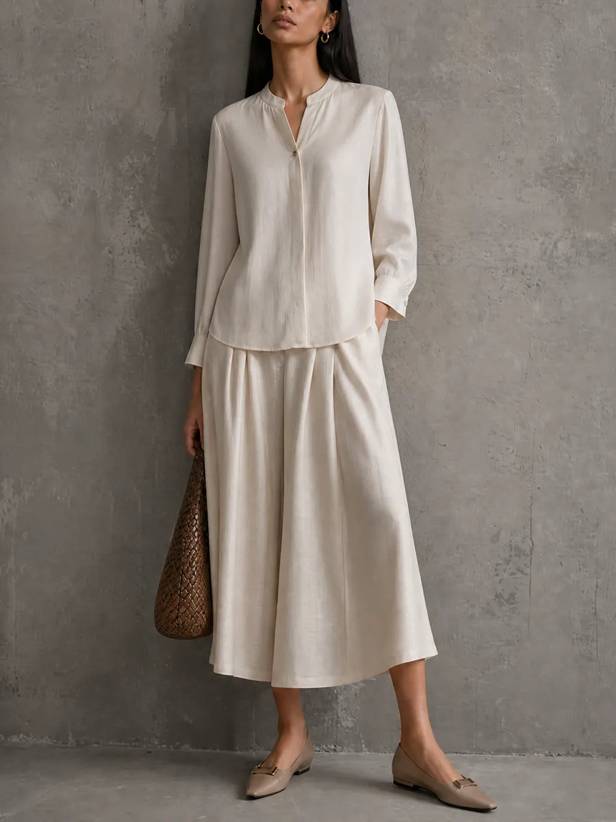 Women's Minimalist Ivory Tencel Cotton Linen Stand Collar Shirt Wide-Leg Culottes Set MDZ2190G2GMJ