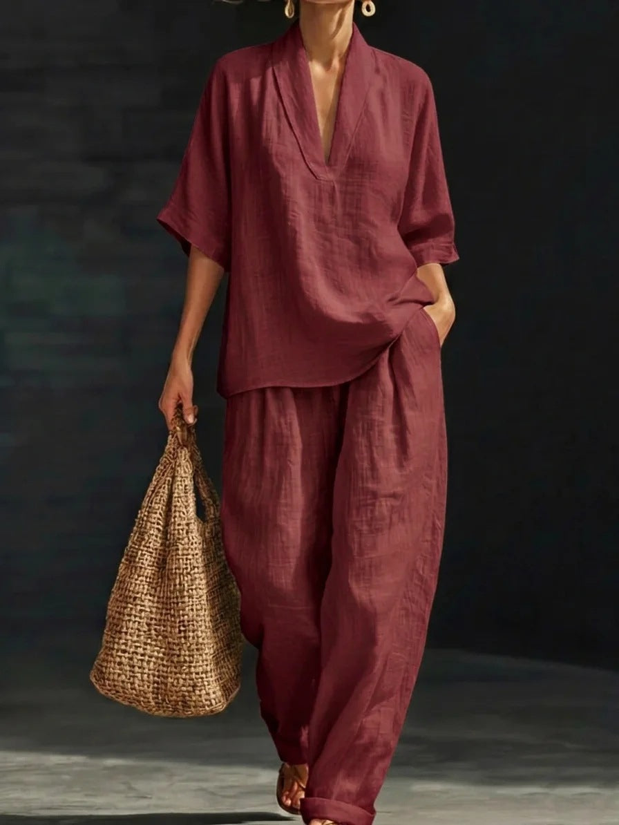 Momocco Coastal Chic 2-Piece Set - V-Neck Linen-Textured Tunic & Wide-Leg Pants Lounge Set