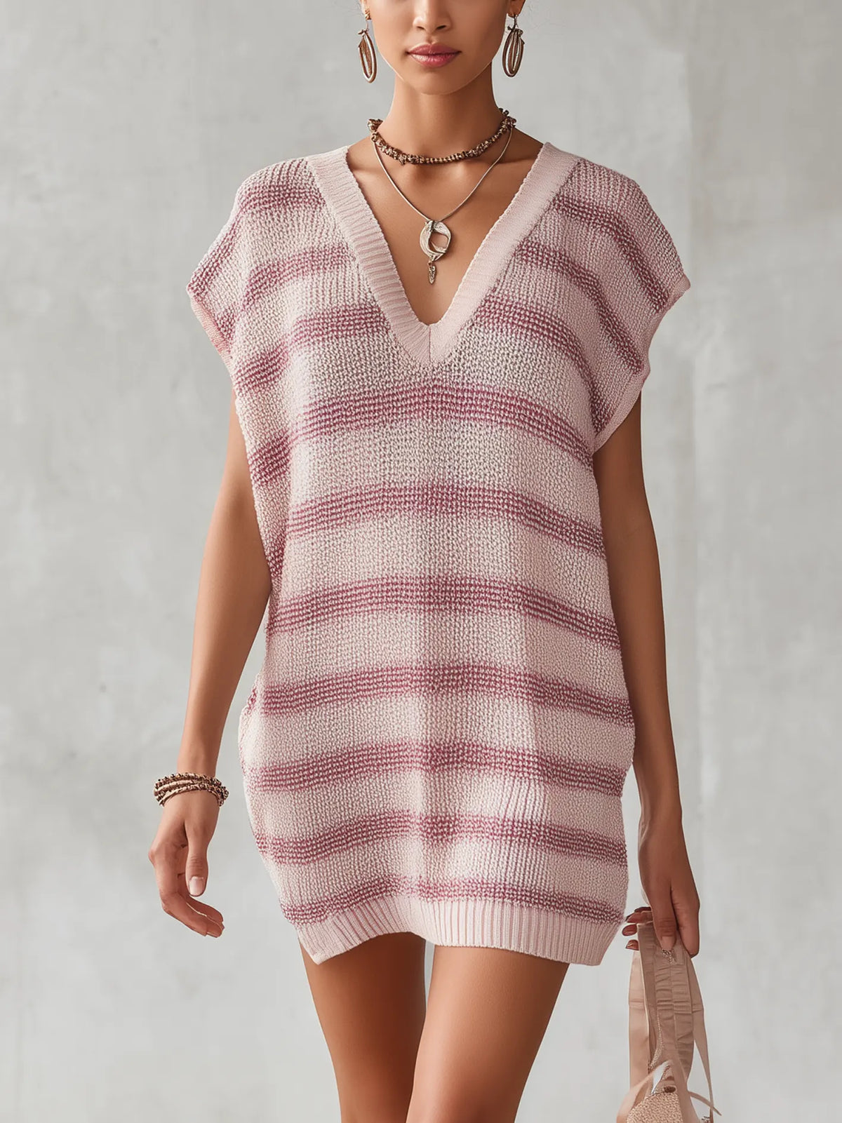 Blush Pink Striped V-Neck Knit Mini Sweater Dress