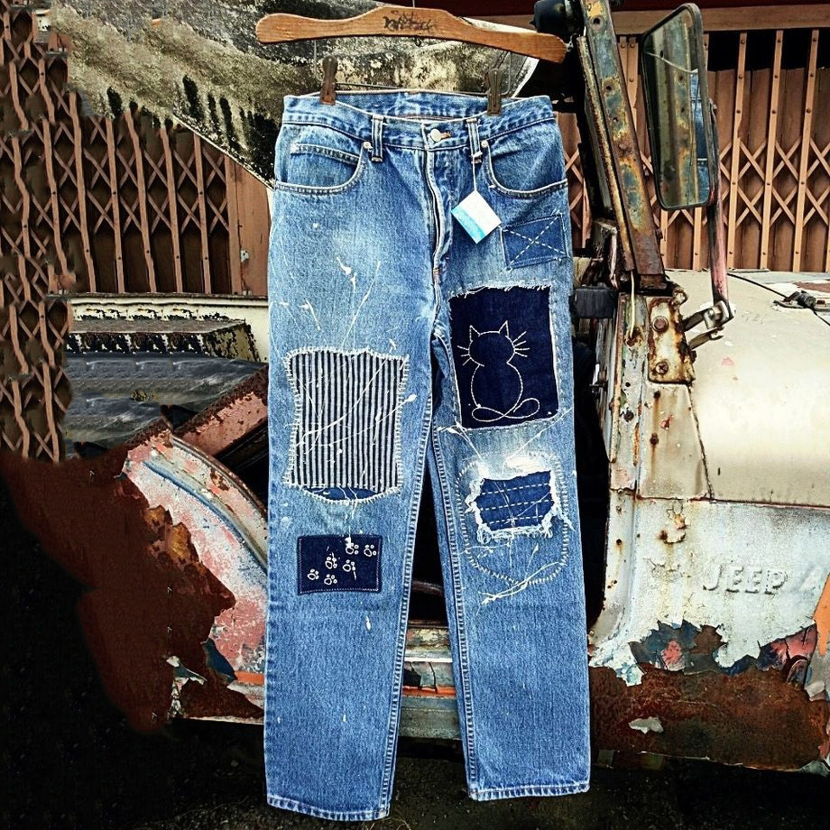 Japanese Style Sashiko Spliced cat Pattern Design Jeans