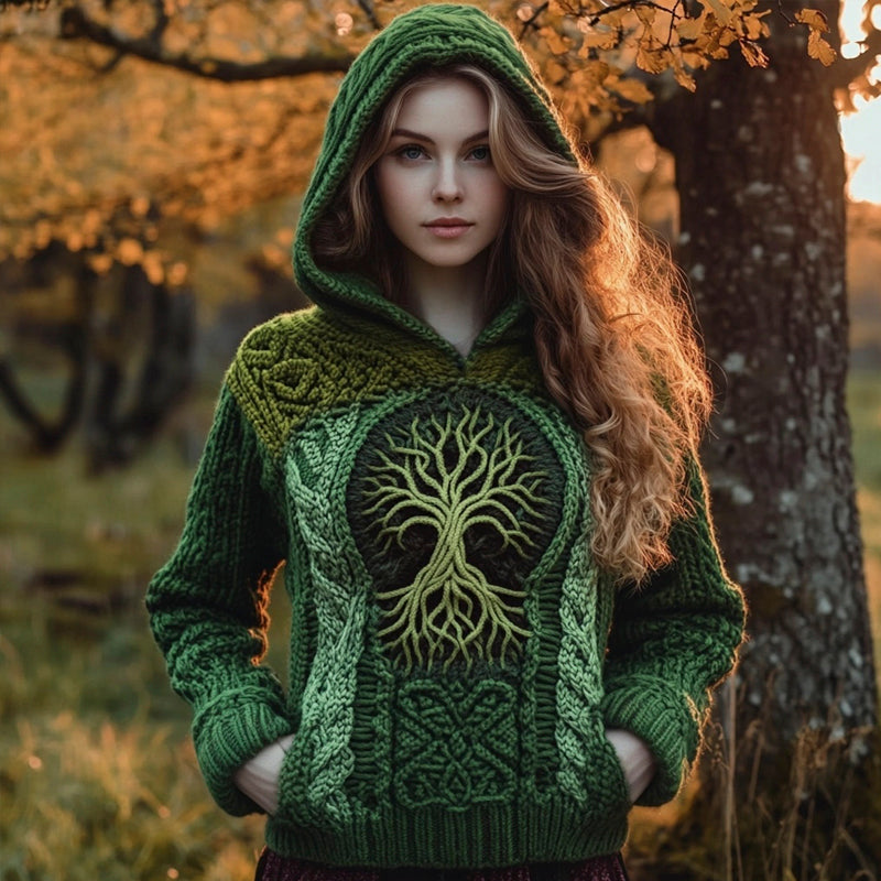 Viking Tree Of Life Knit Pattern Women's Hooded Sweater