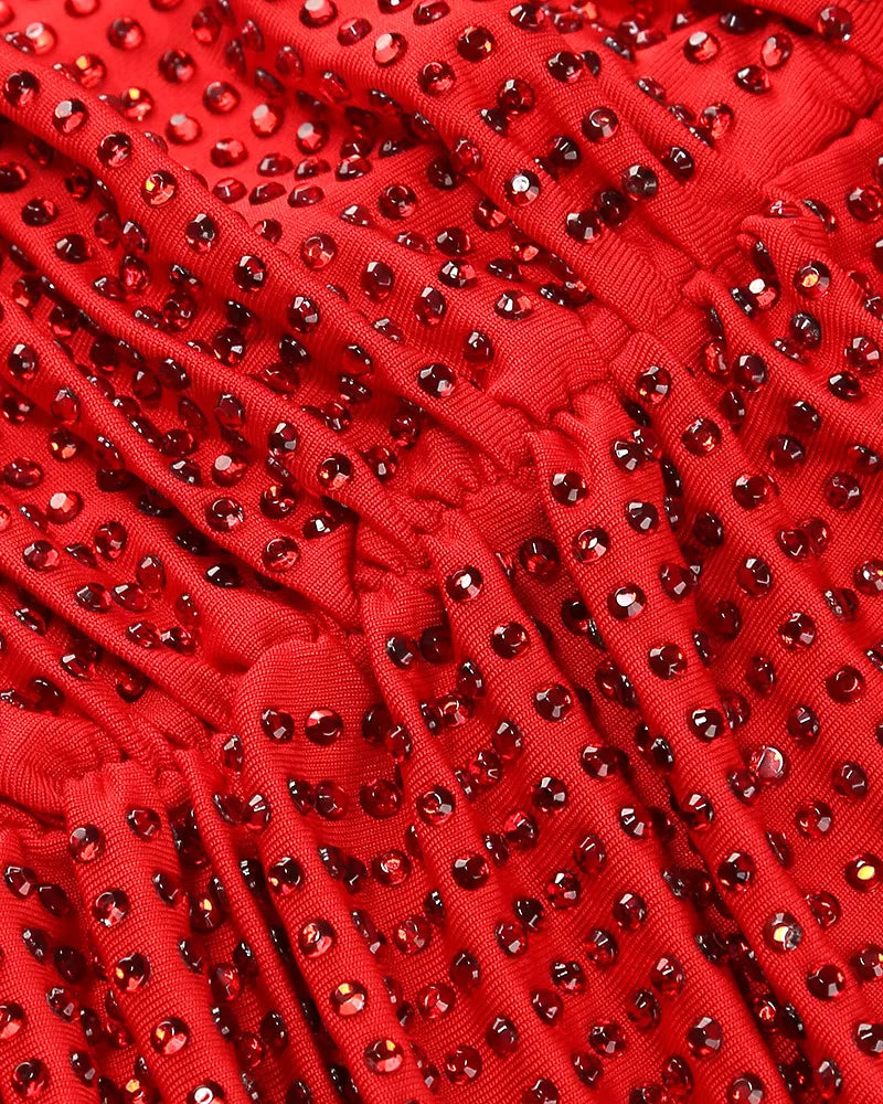 Long Sleeve Sparkly Draped Maxi Dress Red