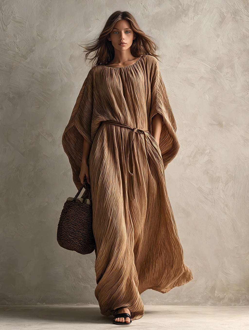 Women's Casual Khaki Woven Pleated Crew-Neck Batwing-Sleeve Maxi Dress MDZ2150G9LXY