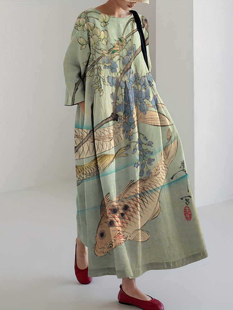 Women's Retro Japanese Flower And Fish Art Print Midi Dress