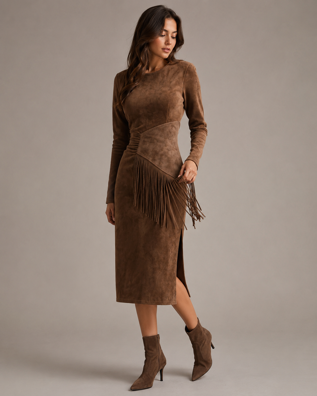 Brown Suede Asymmetric Fringe Midi Dress
