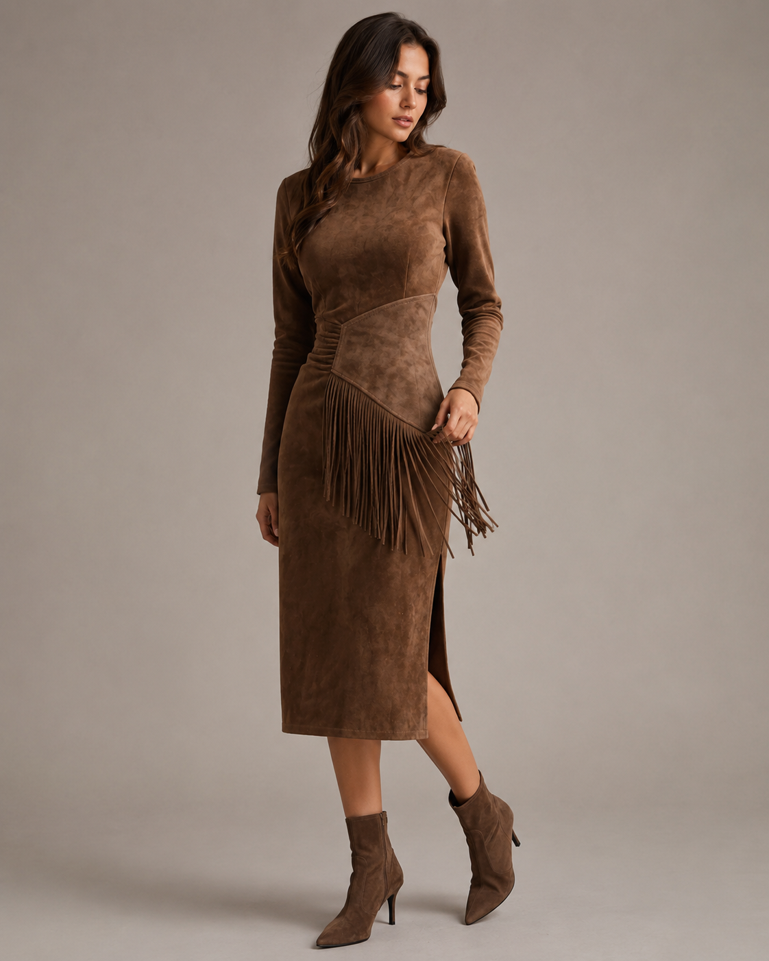 Brown Suede Asymmetric Fringe Midi Dress