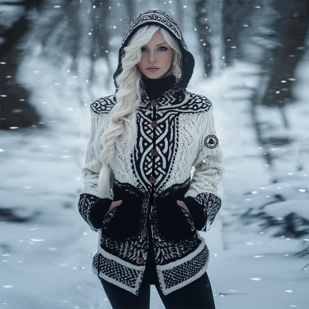 Vintage Odin Delta Rune Celtic Knot Knit Jacquard Button Hooded Sweater