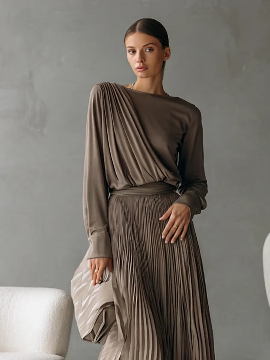 Women's Taupe Two-Piece Set With Draped Wrap Long Sleeve Top & High Waist Pleated Maxi Skirt, Minimalist Elegant Formal Matching Outfit MDZ1356G3LYL
