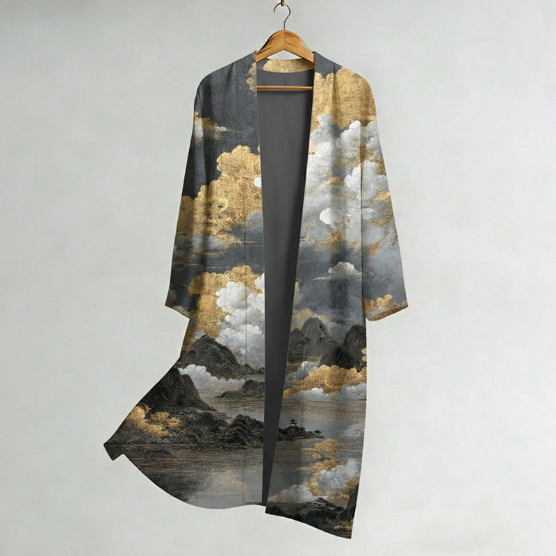 Men's Retro Japanese Landscape Print Linen Long Kimono