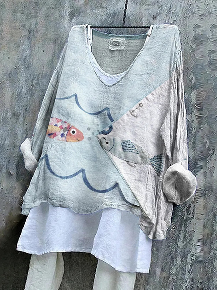 Vintage Patchwork Fish Embroidery Art Linen Blend Blouse