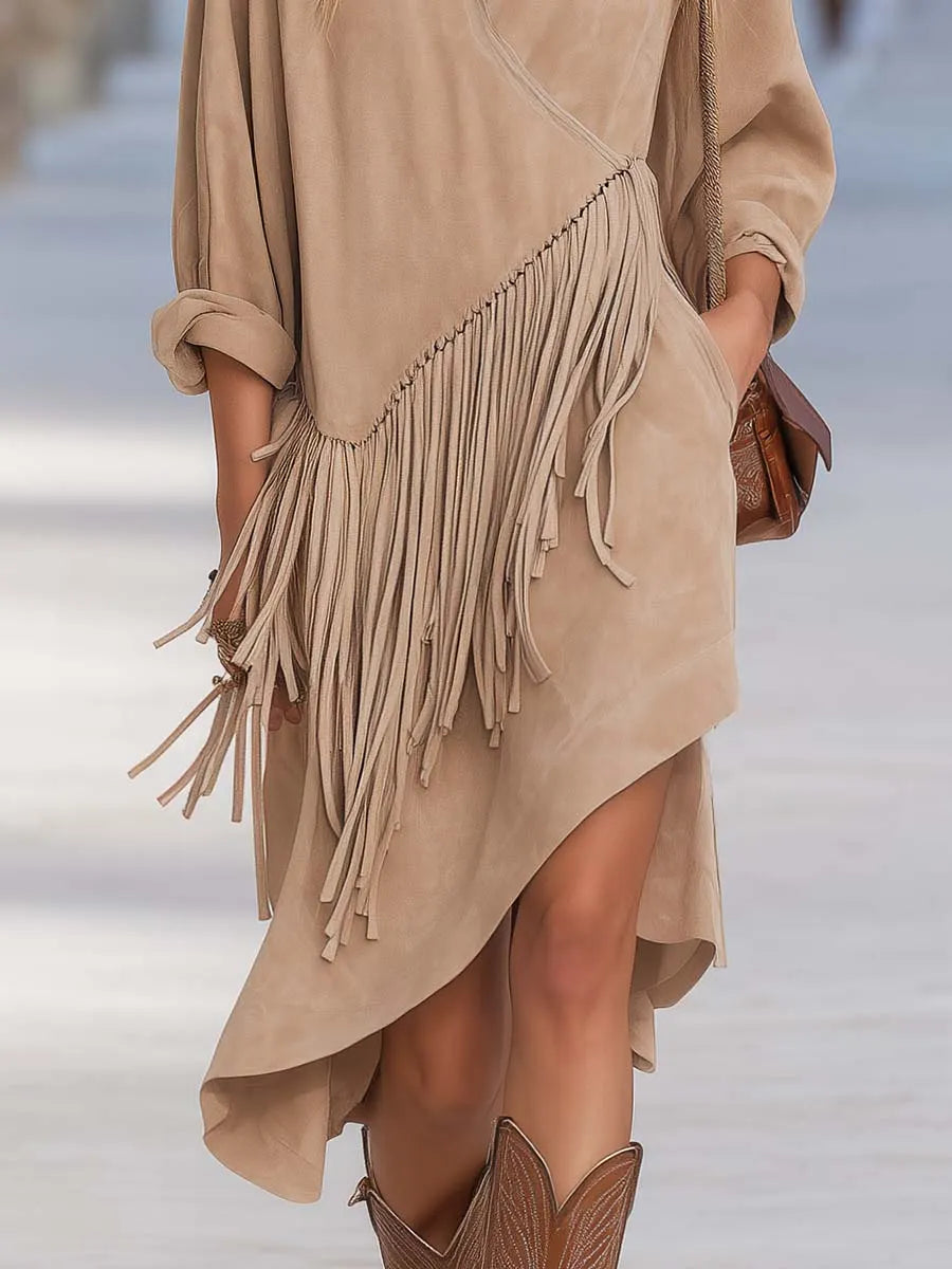 Old Money Style Western V-Neck And Fringe Trim Beige Faux Suede Midi Dress