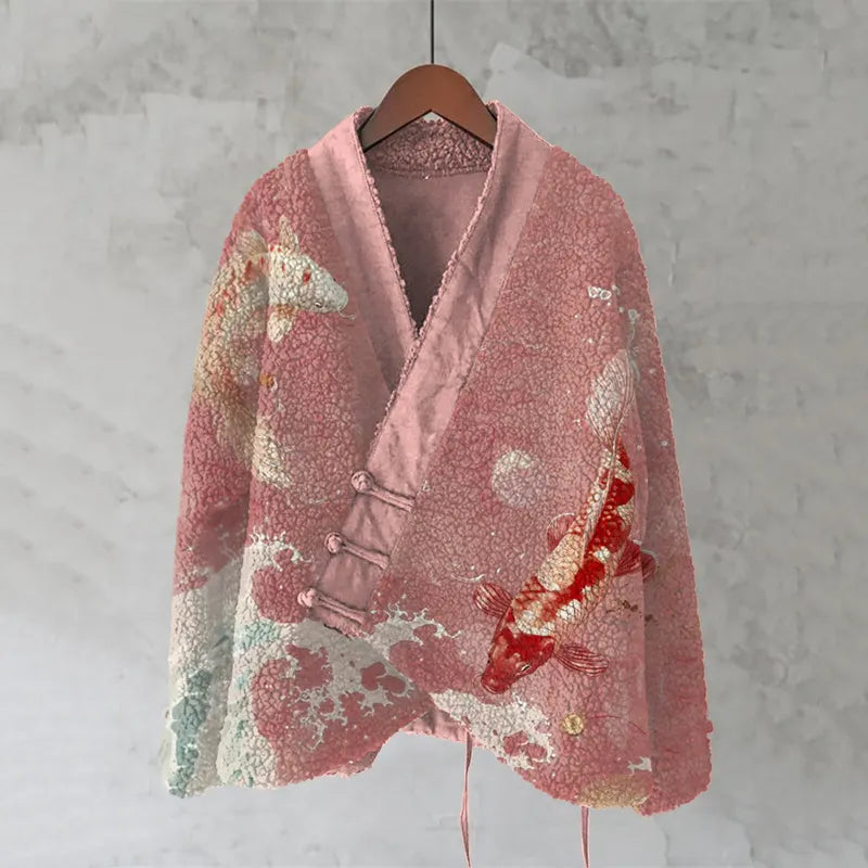Retro Koi Japanese Waves Art Cozy Fleece Kimono Cardigan