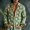 Men's Vintage Spring Summer Floral Embroidered Art Print Flowy Linen Blend Shirt