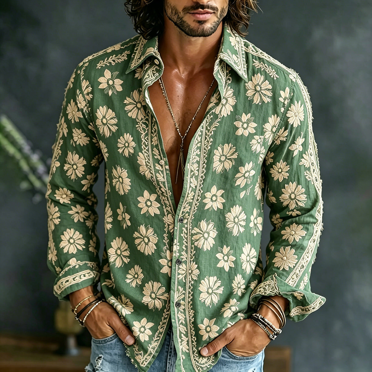 Men's Vintage Spring Summer Floral Embroidered Art Print Flowy Linen Blend Shirt