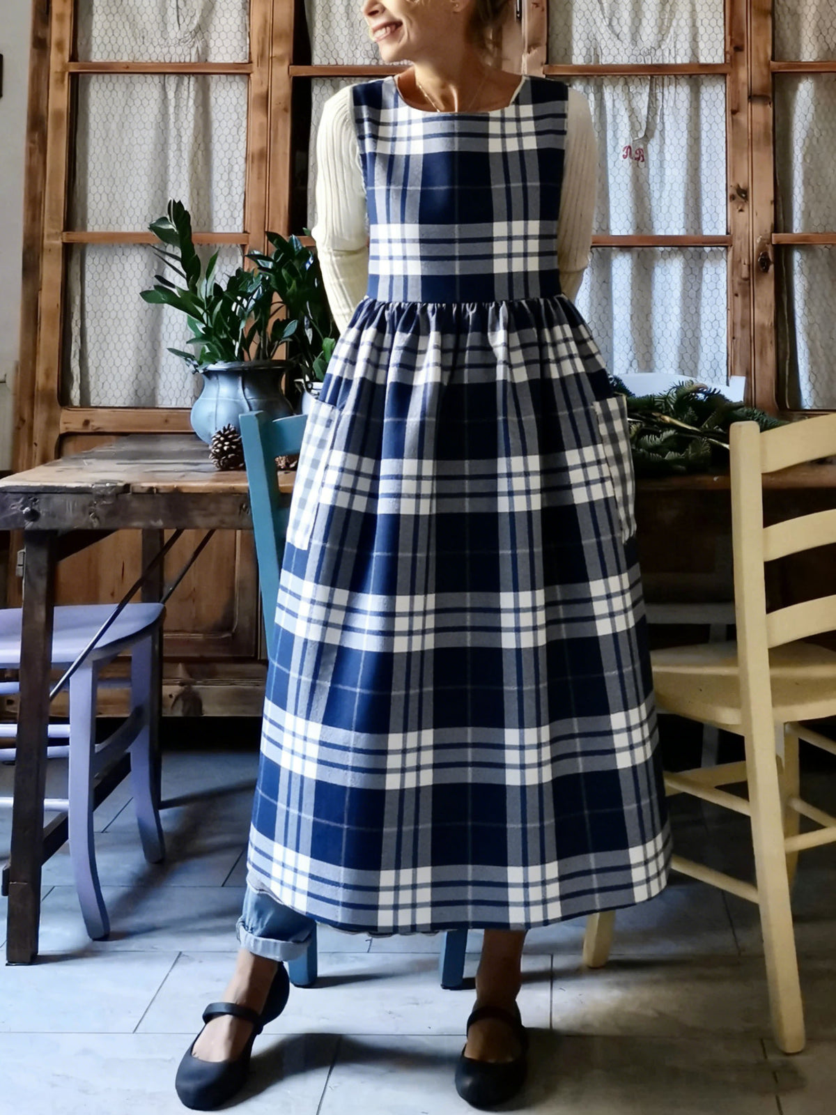 Navy & White Plaid Apron
