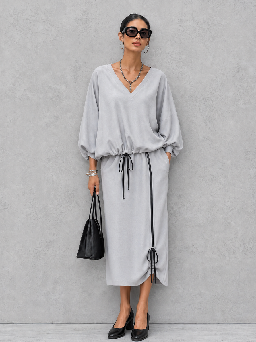 Women's Casual Commuter Light Gray Cotton Blend V-Neck Lantern Sleeve Top And Drawstring Midi Skirt Set MDZ1030G1GMJ