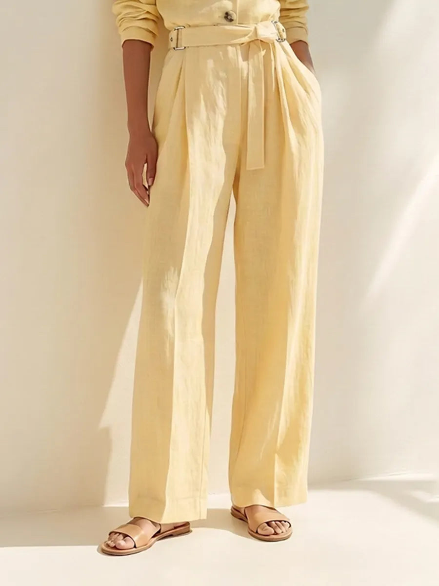 Women's Elegant Casual Light Yellow Linen Shawl-Collar Belted Blazer & Wide-Leg Trouser Set MDZ2011G8CMX