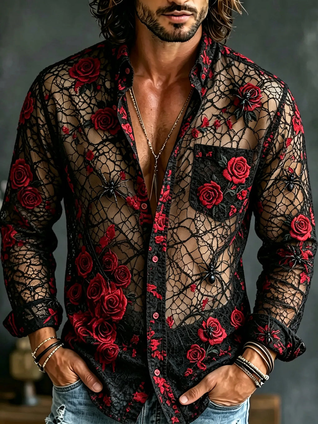 Men's Retro Halloween Spider Rose Print Long-sleeved Cotton Linen Shirt
