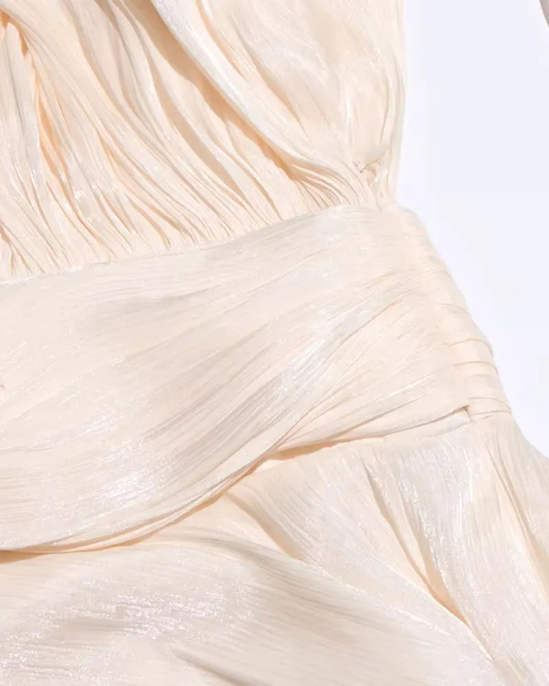 Long Sleeve Draped Ruffle Two Piece Dress Ivory