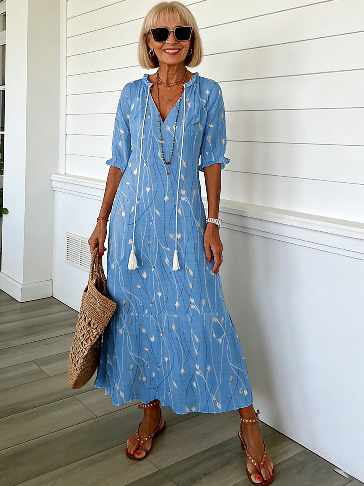Half Sleeve Floral Print Summer Fall V Neck Casual Geometric Printed Dress
