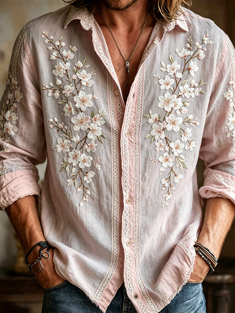 Vintage Romantic Spring Cherry Blossom Art Embroidered Cotton Linen Long Sleeve Cardigan Shirt