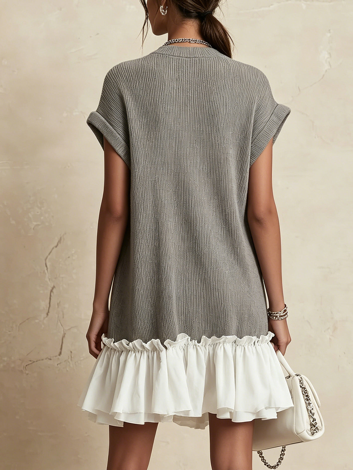 Gray Knit Mini Dress With White Ruffled Hem