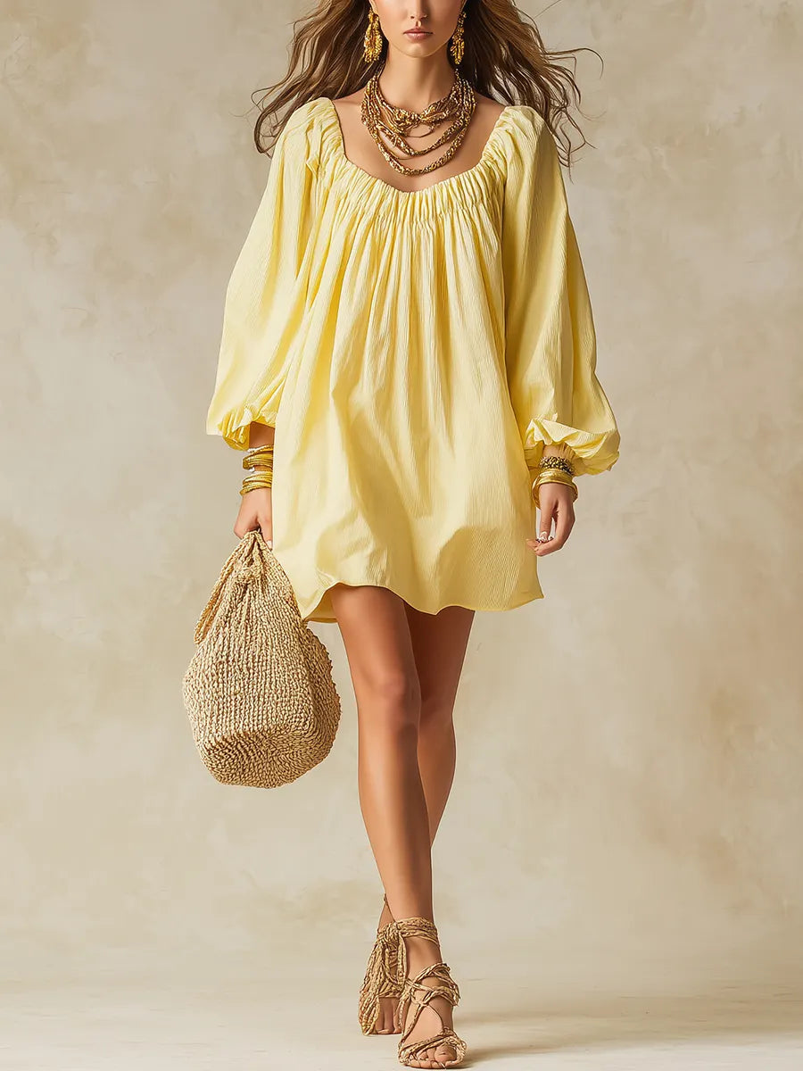 Lemon Yellow Lantern Sleeve Mini Skirt