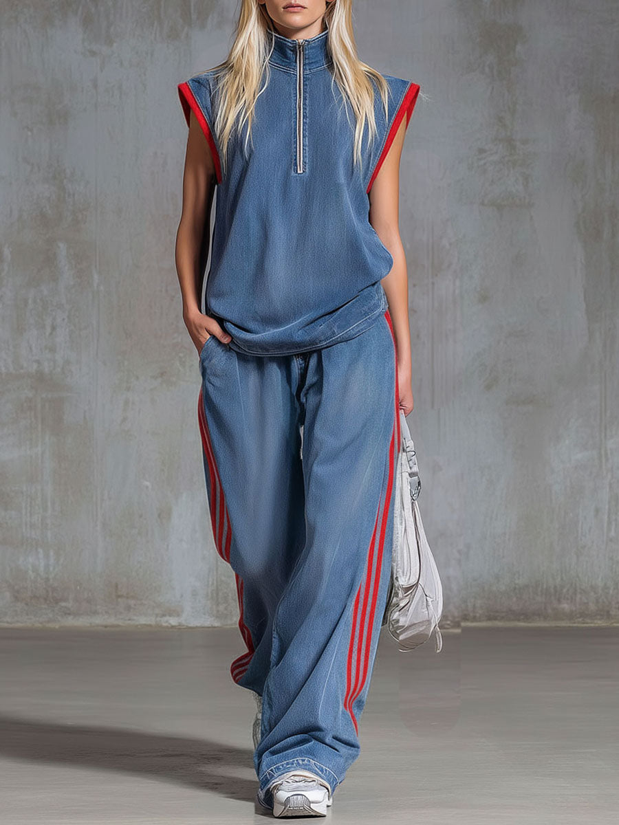 Loose-fitting Retro Denim Zip-up Sleeveless Top And Pants Set